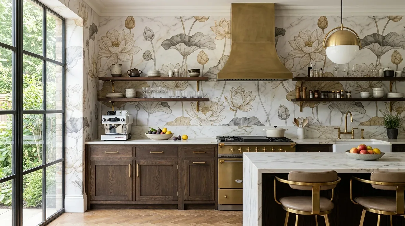 A kitchen with dark wood cabinets, marble countertops, brass fixtures, floral wallpaper, and large windows overlooking greenery