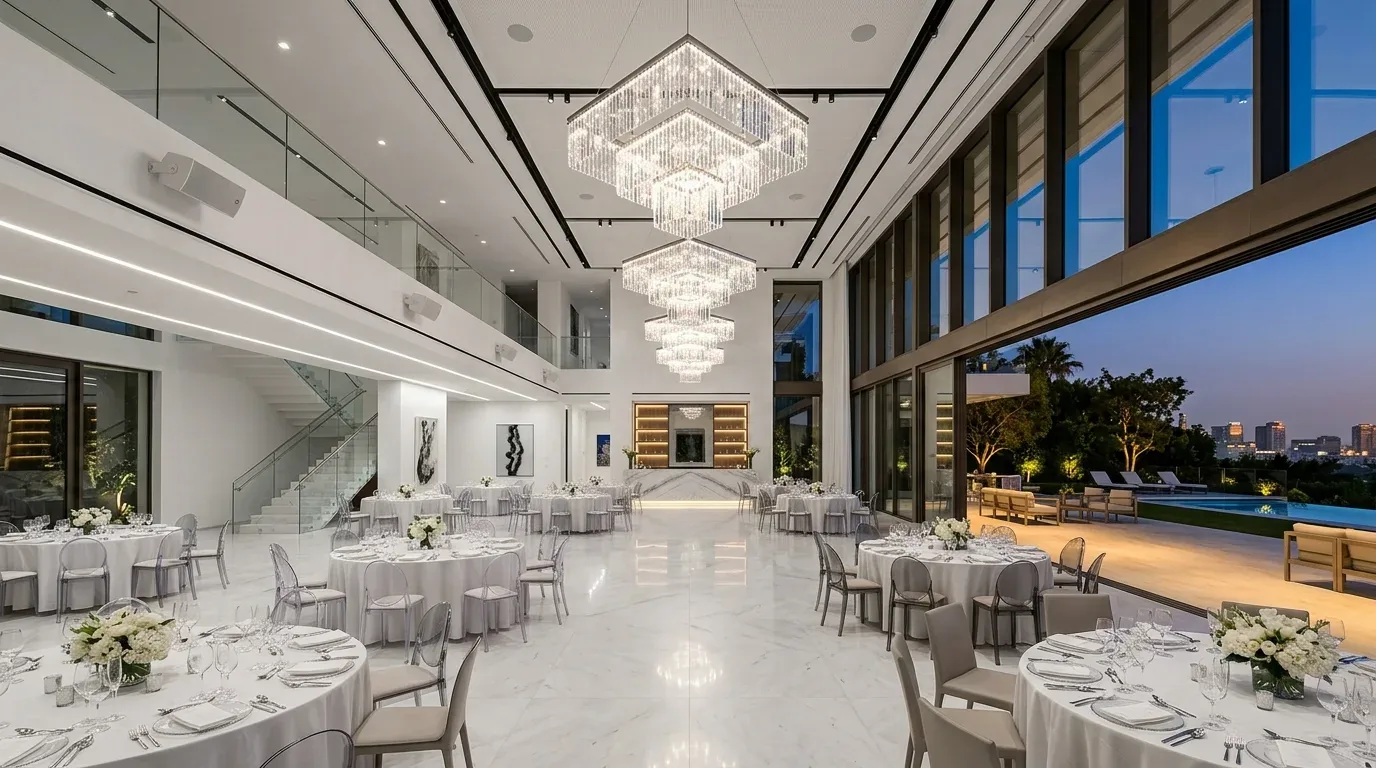 A spacious, modern dining/event room with round tables set for a formal dinner, large crystal chandeliers, marble floors, and floor-to-ceiling windows