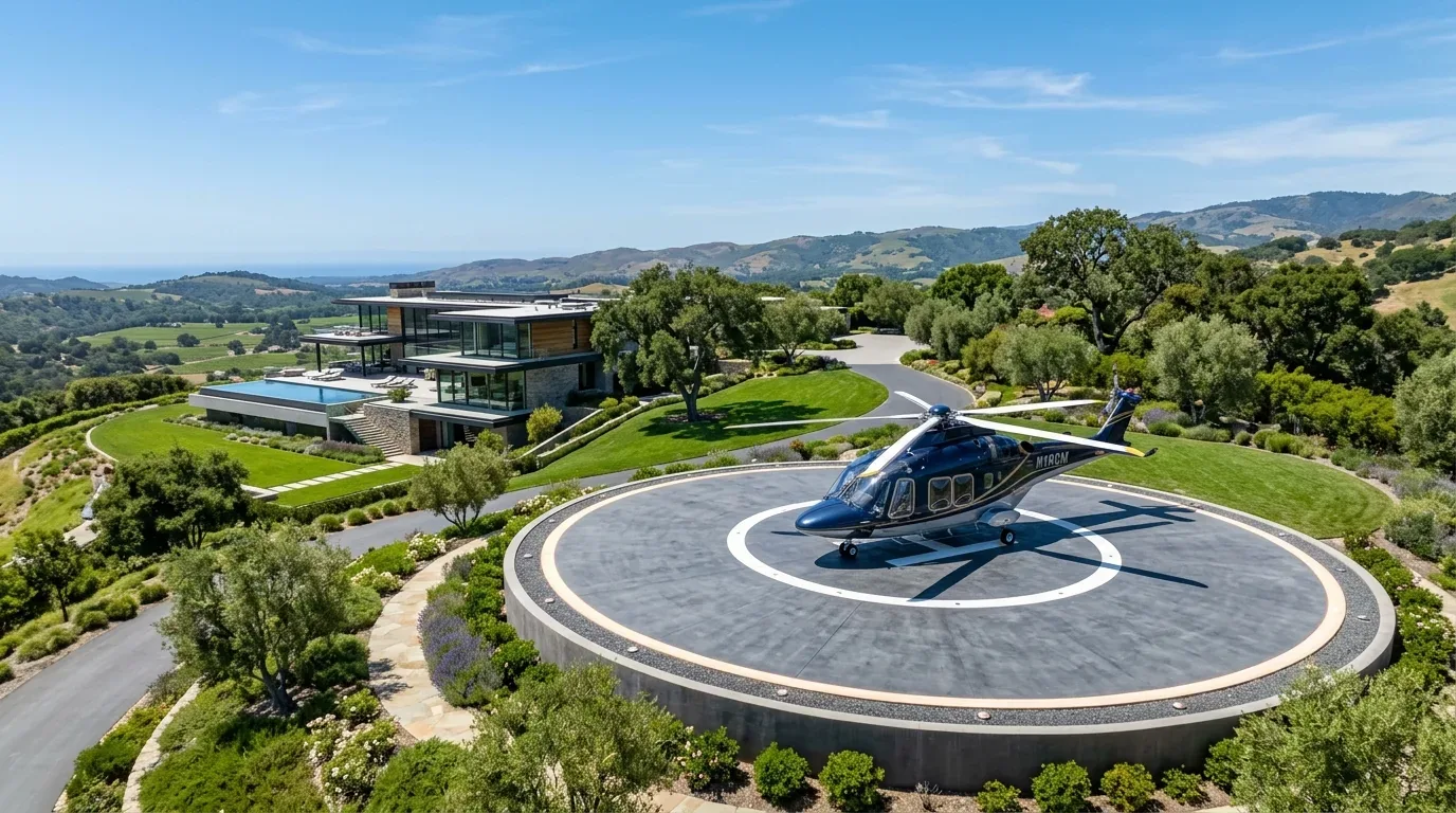 A modern luxury home with a large circular helipad and a helicopter parked on it, surrounded by landscaped greenery and hills in the background