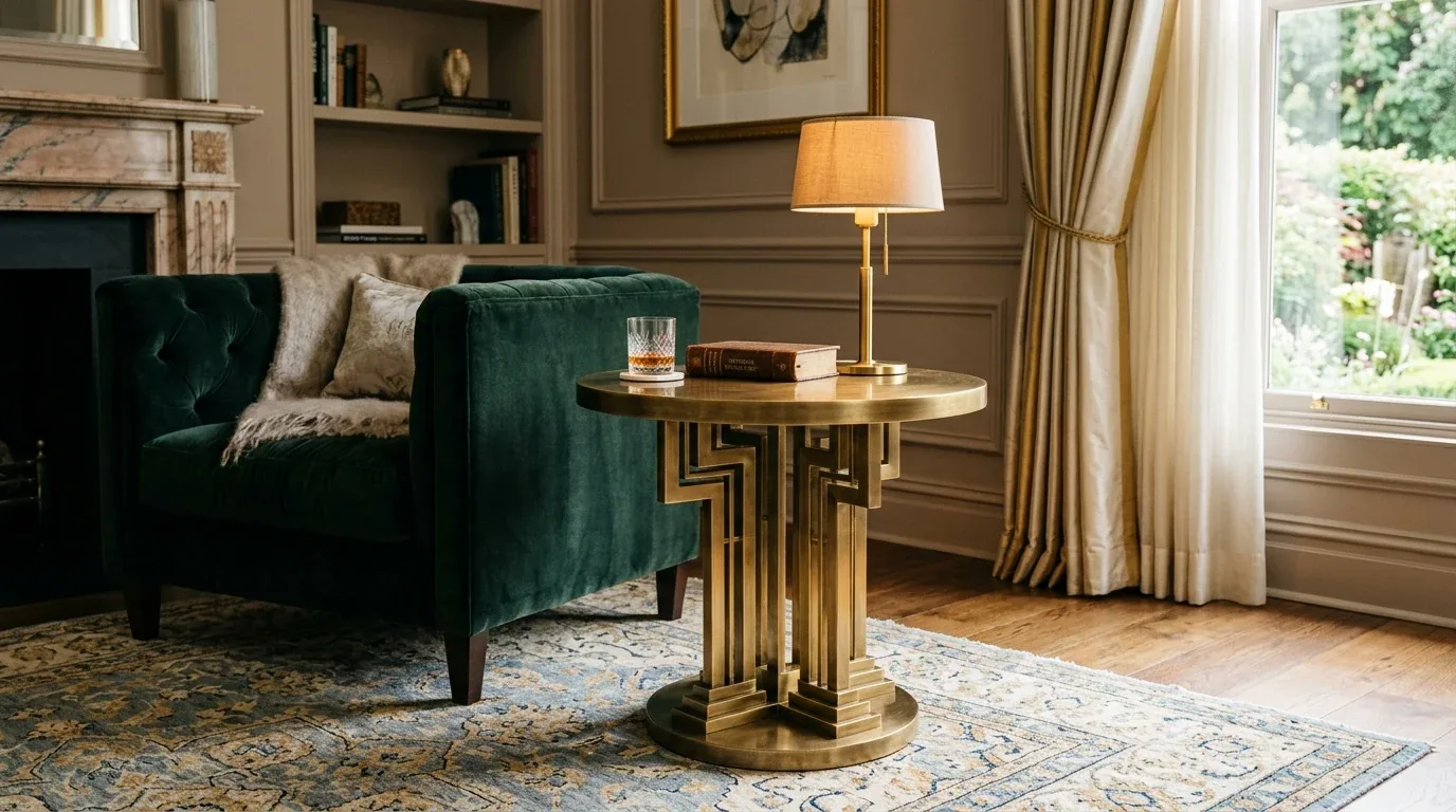 A cozy living room with a green velvet sofa, a brass side table with a lamp and book, a patterned rug, and a large window with cream curtains