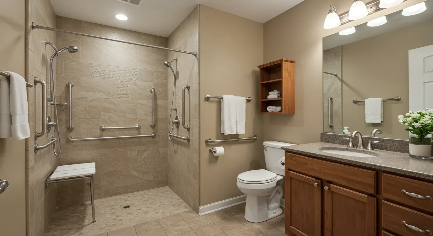 A beige bathroom with a walk-in shower equipped with multiple grab bars and a foldable shower seat, a toilet, wooden vanity with granite countertop, and a