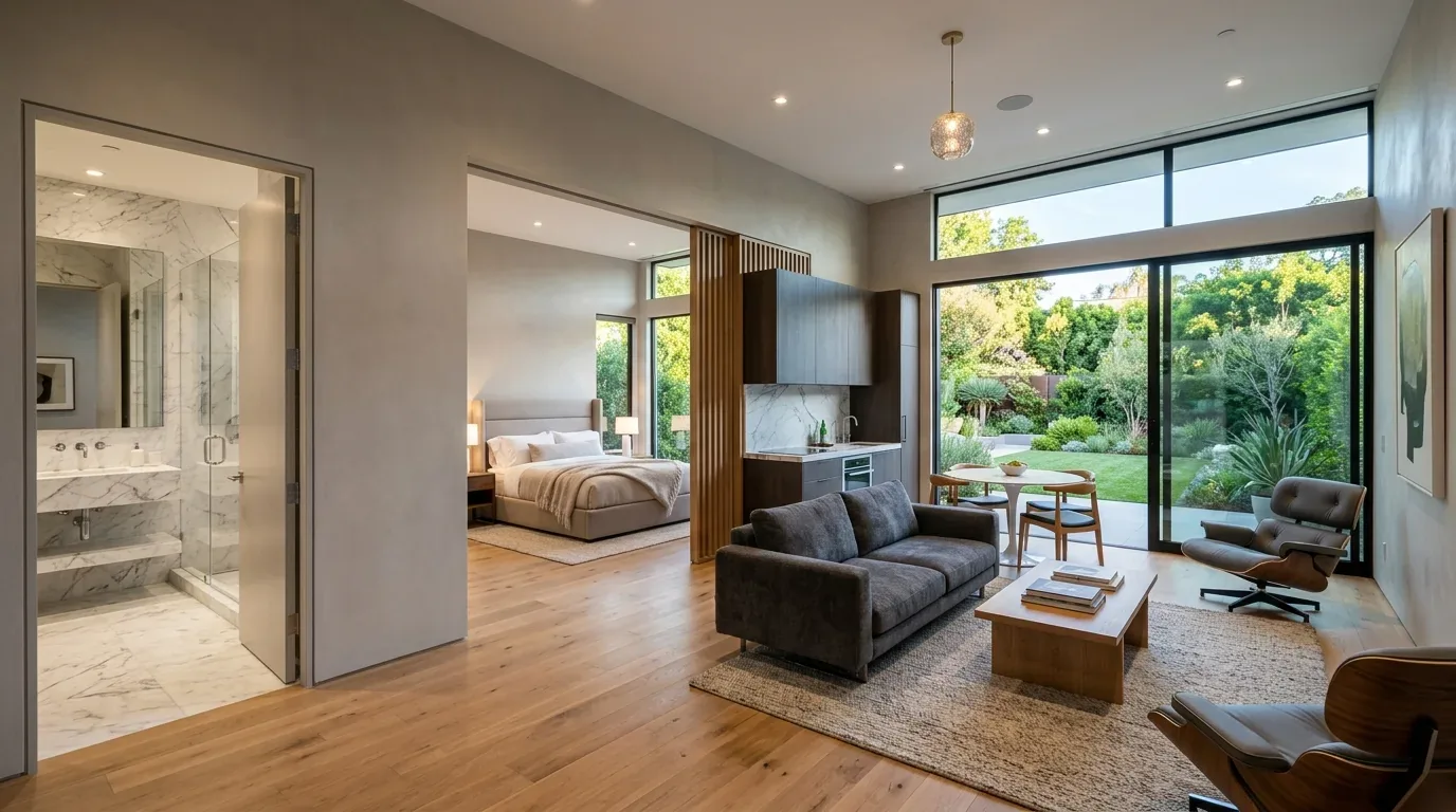 A modern open-concept living space featuring a living room, bedroom, bathroom, and kitchenette with large windows overlooking a garden
