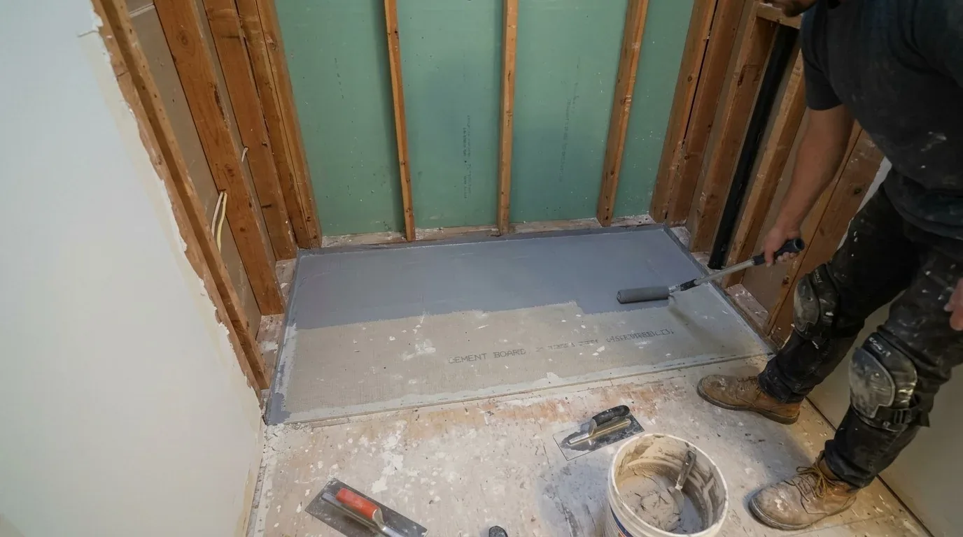 A partially renovated bathroom with exposed wall studs and a worker applying a coating on a cement board floor area