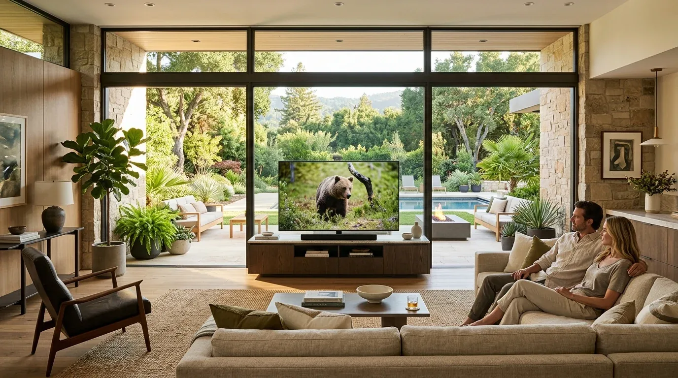 A modern living room with large glass windows overlooking a lush garden and pool, featuring a couple sitting on a beige sectional sofa watching a TV