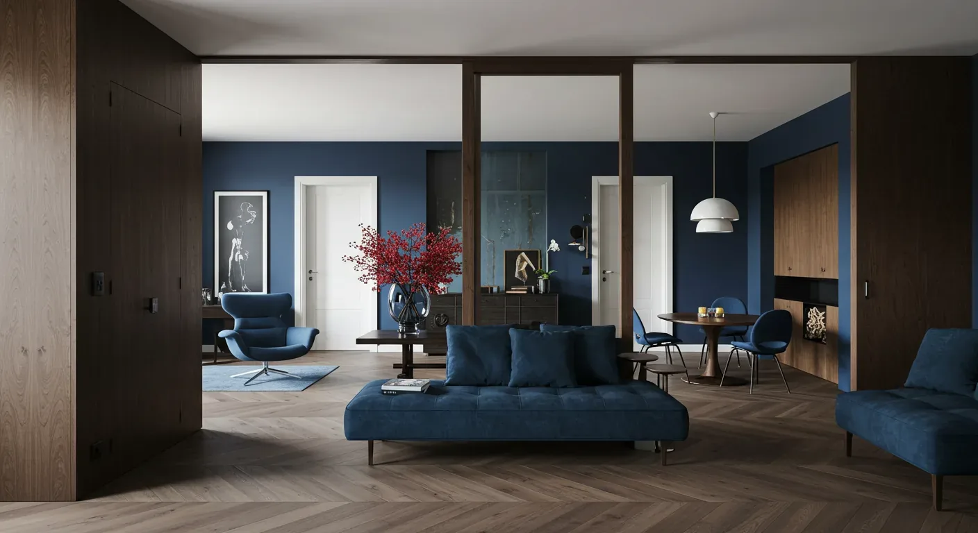 A modern living and dining room with blue walls, blue upholstered furniture, wooden flooring, and decorative red flowers on a table