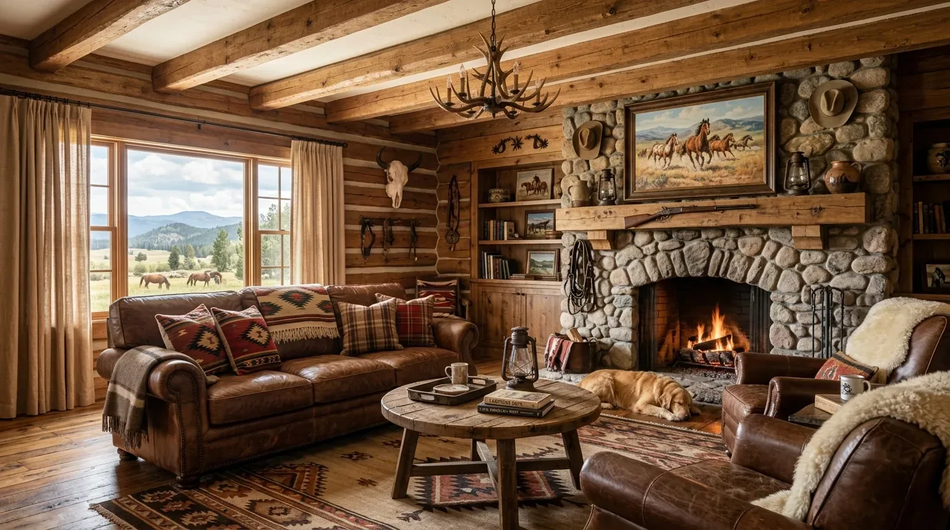 A cozy rustic living room with leather furniture, a stone fireplace, wooden beams, and western-themed decor
