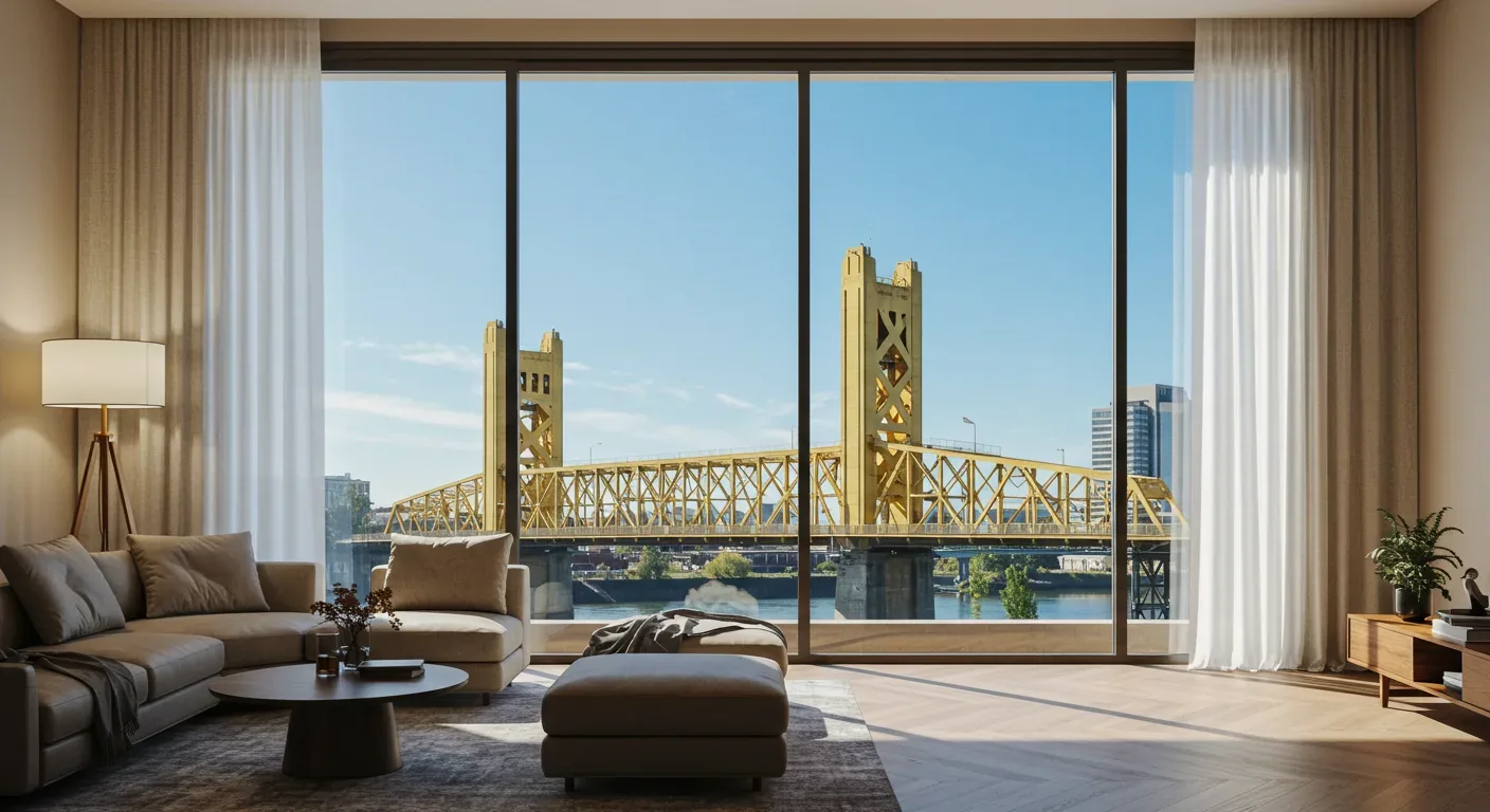 A modern living room with large floor-to-ceiling windows showcasing a view of a yellow bridge over a river