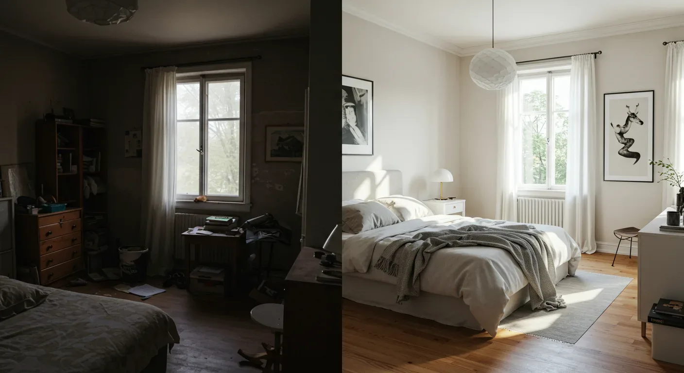 A split image showing a dark, cluttered bedroom on the left and a bright, clean, and modern bedroom on the right