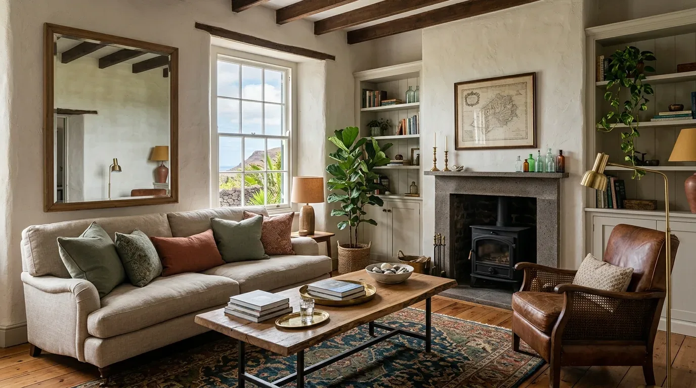 A cozy living room with a beige sofa, leather armchair, wooden coffee table, fireplace, and built-in shelves