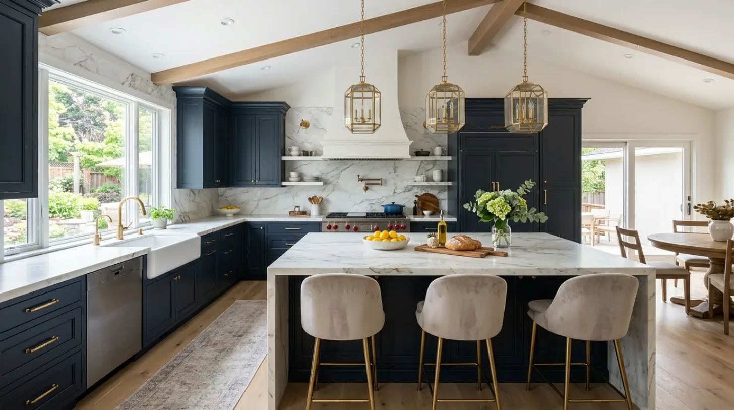 A modern open-concept living space featuring a kitchen with a large island, a dining area, a small home office nook, and a living room with large windows and