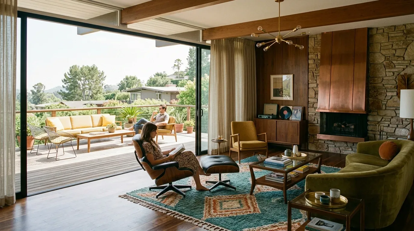 A mid-century modern living room with large sliding glass doors opening to an outdoor deck with seating, featuring wood beams, a stone fireplace, and vintage