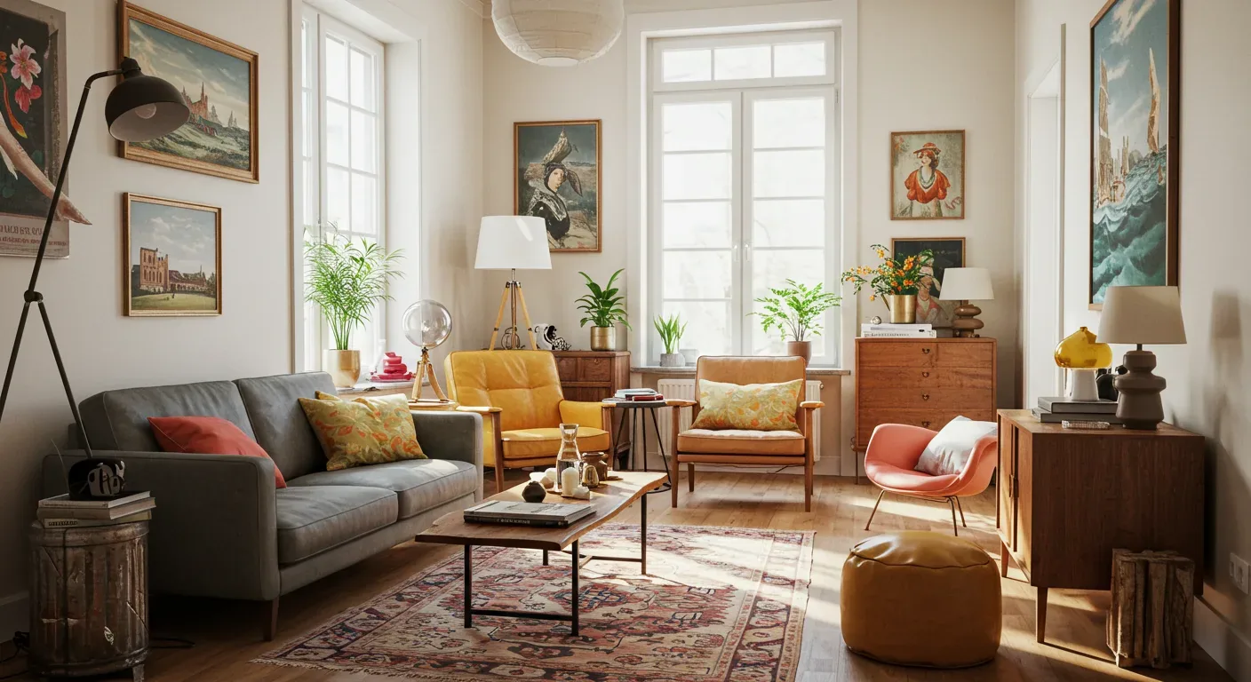 A bright living room with mid-century modern furniture, including a gray sofa, yellow and orange armchairs, wooden cabinets, and framed artwork on the walls