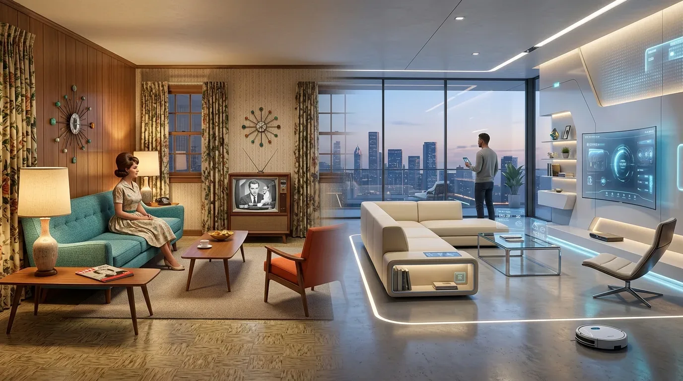 A living room split into two halves showing a retro 1960s style on the left and a futuristic modern style on the right with a city skyline visible through