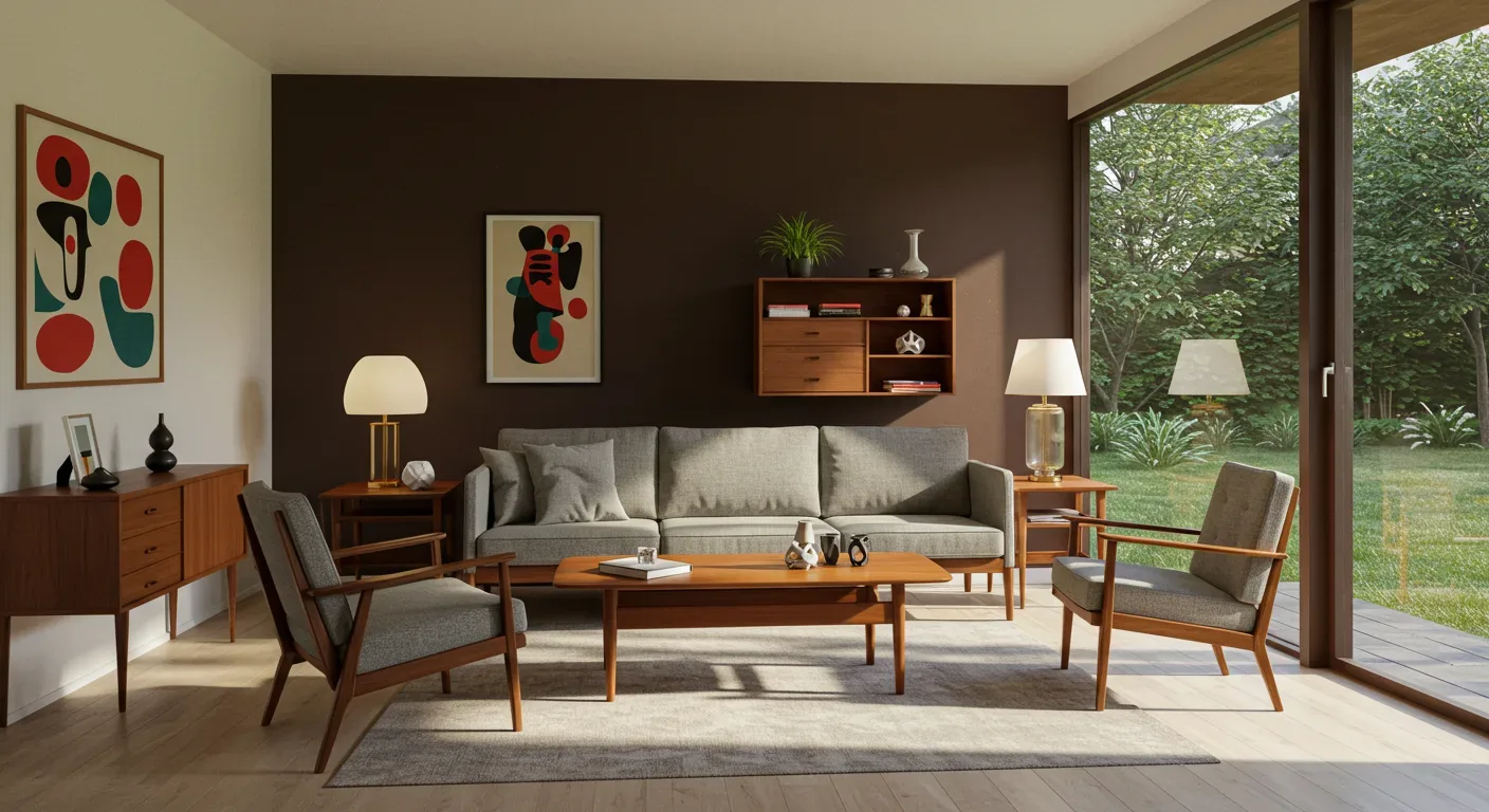A modern living room with mid-century style wooden furniture, abstract art, and large windows overlooking a garden