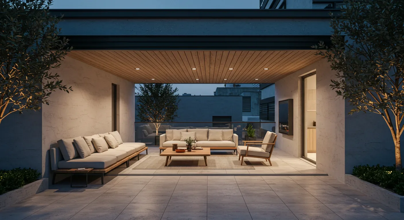 A modern outdoor patio seating area with cushioned sofas, a wooden coffee table, recessed ceiling lights, and potted trees