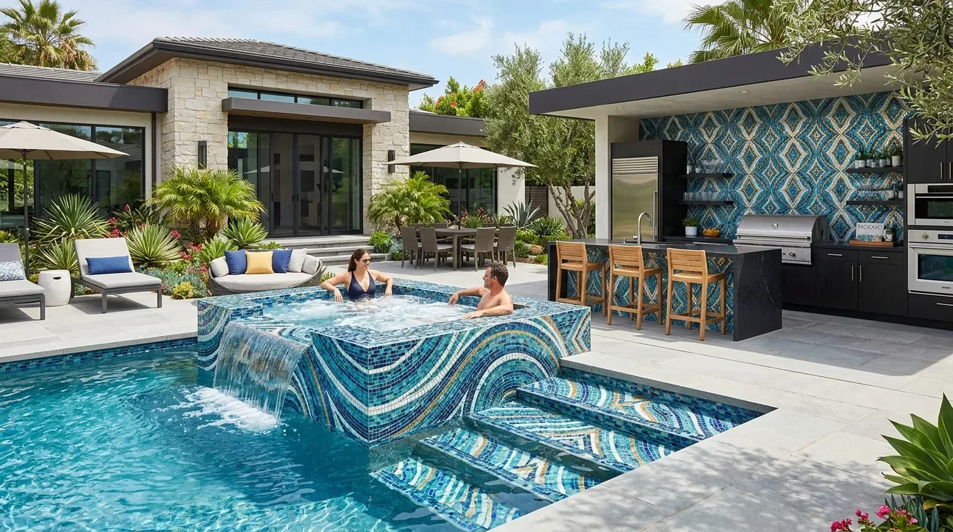 A modern outdoor patio with a mosaic tiled pool and hot tub, outdoor kitchen, dining area, and lounge seating