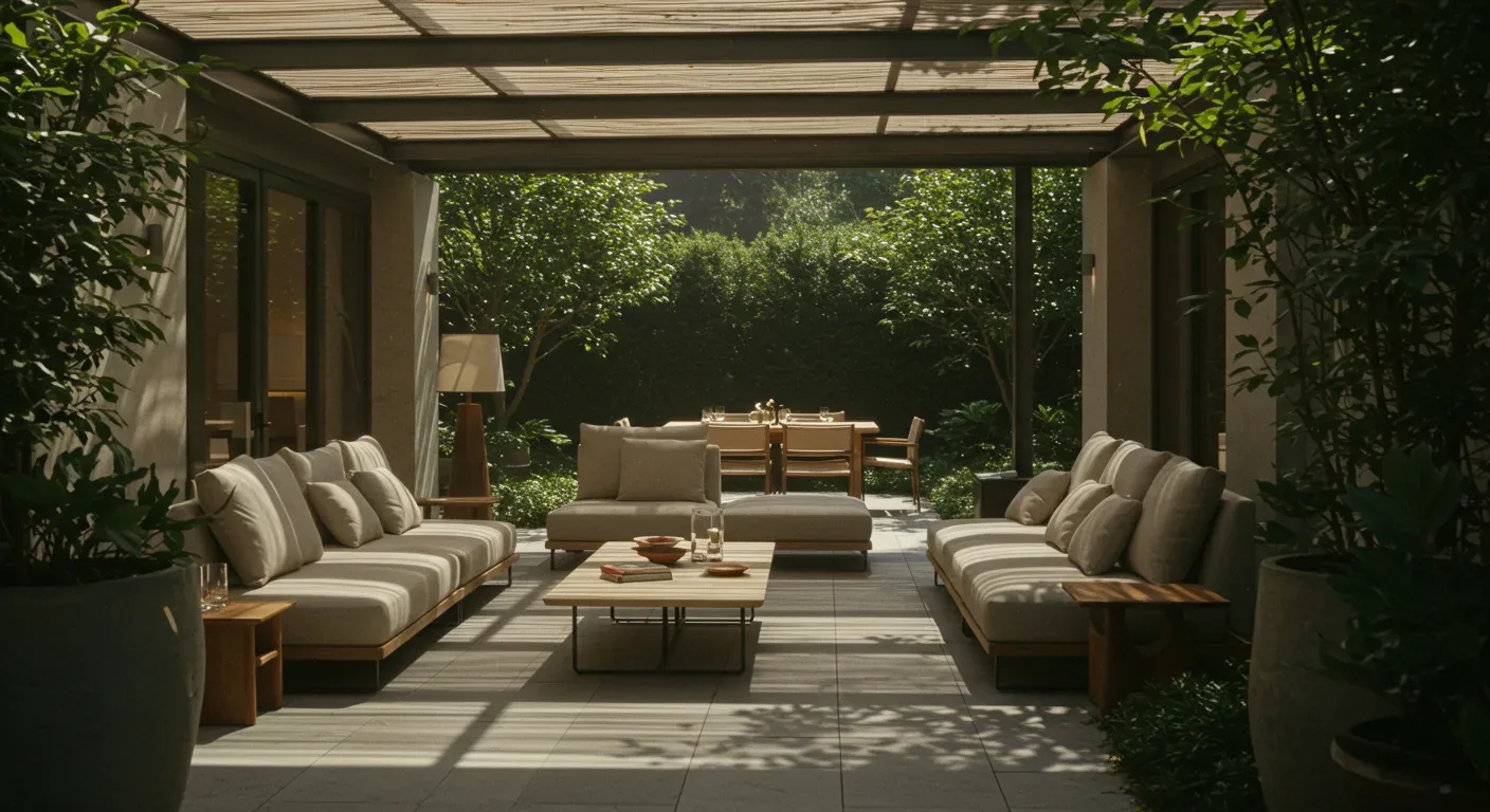 A shaded outdoor patio seating area with modern cushioned sofas, a coffee table, and a dining table set in a lush garden setting