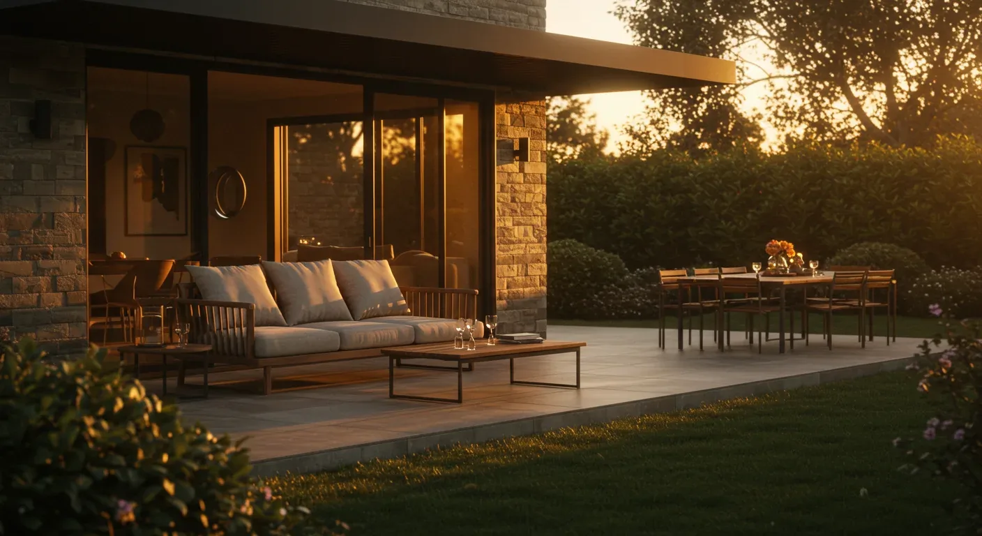 A modern outdoor patio with a cushioned wooden sofa, coffee table, and dining table set, bathed in warm sunset light