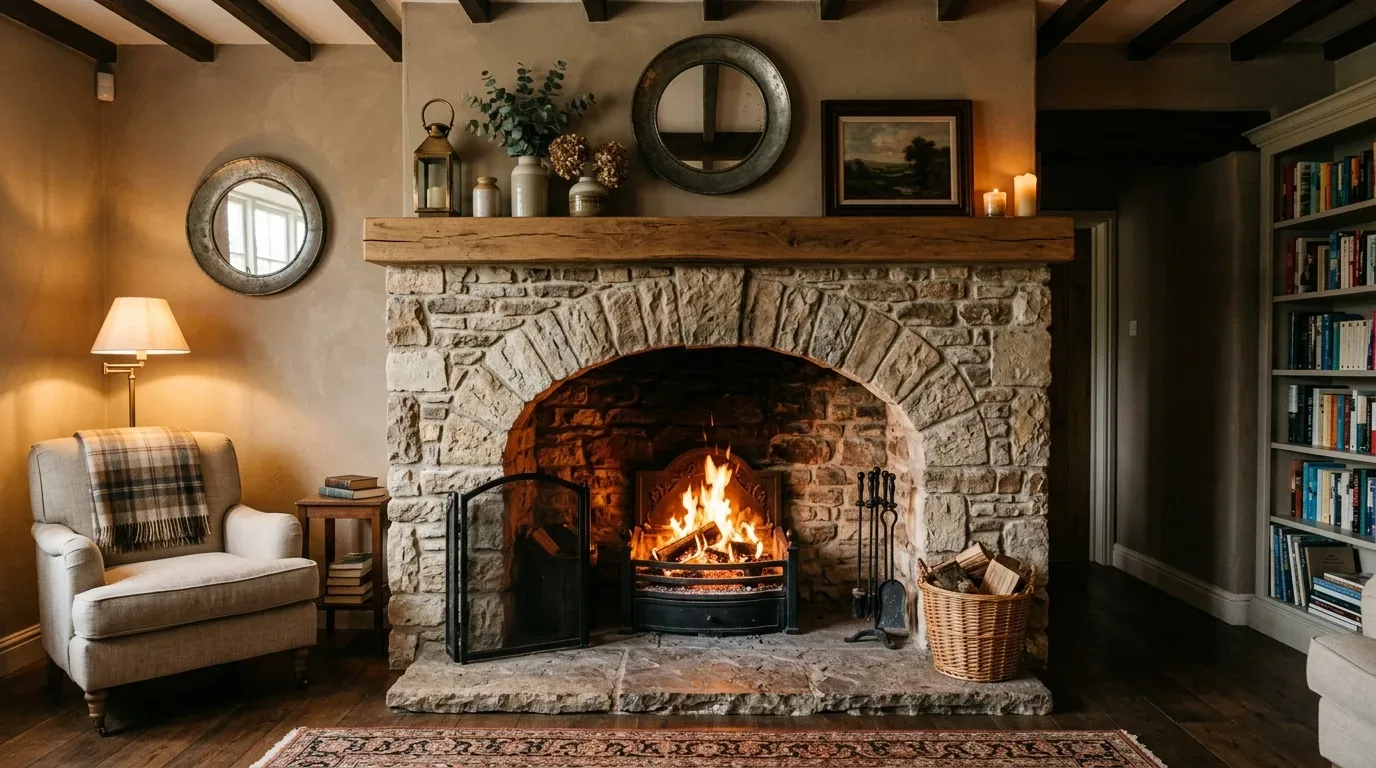 A cozy living room with a stone fireplace, armchair, bookshelf, and warm lighting