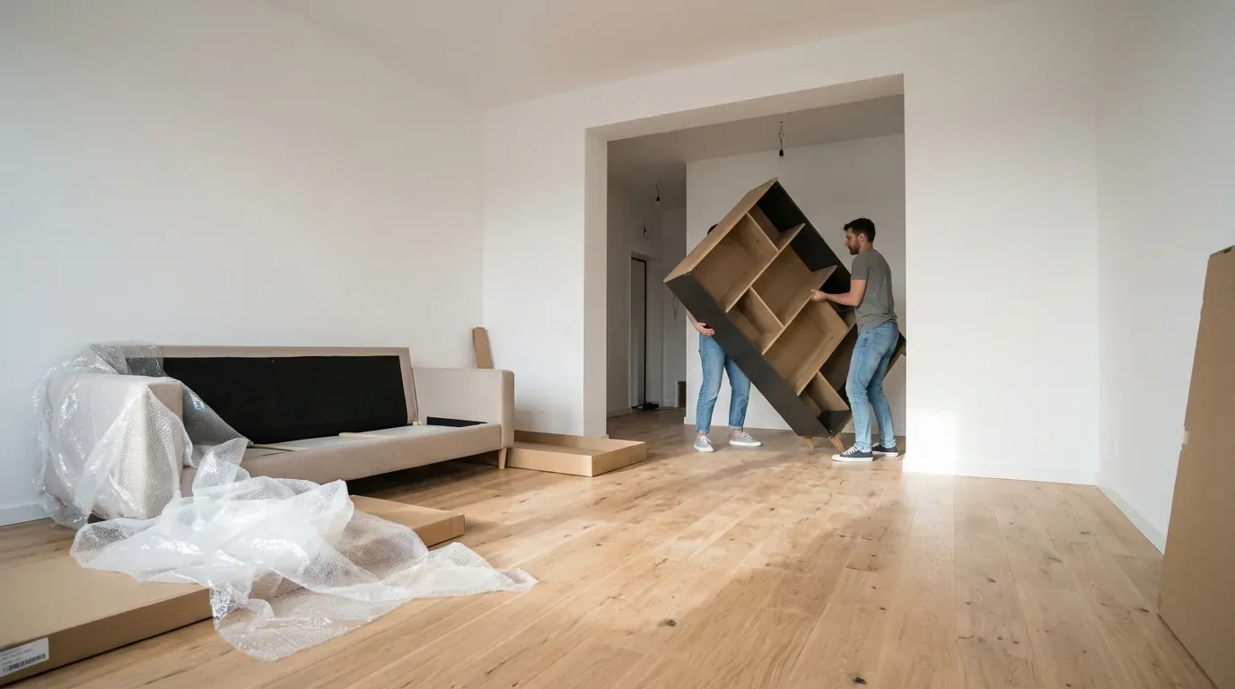 Two men are moving a wooden shelving unit in a mostly empty room with light wood flooring and a partially assembled beige sofa