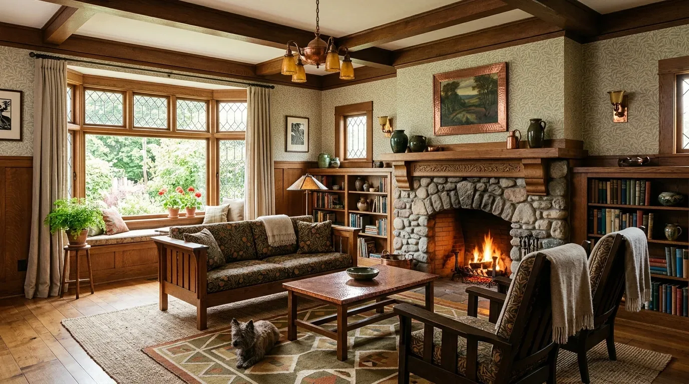 A cozy living room with a stone fireplace, wooden furniture, built-in bookshelves, and a large window with a window seat