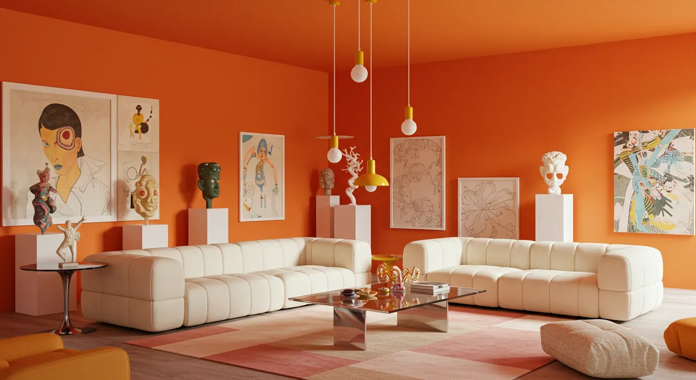 A modern living room with bright orange walls, two white tufted sofas, contemporary art pieces, and a glass coffee table