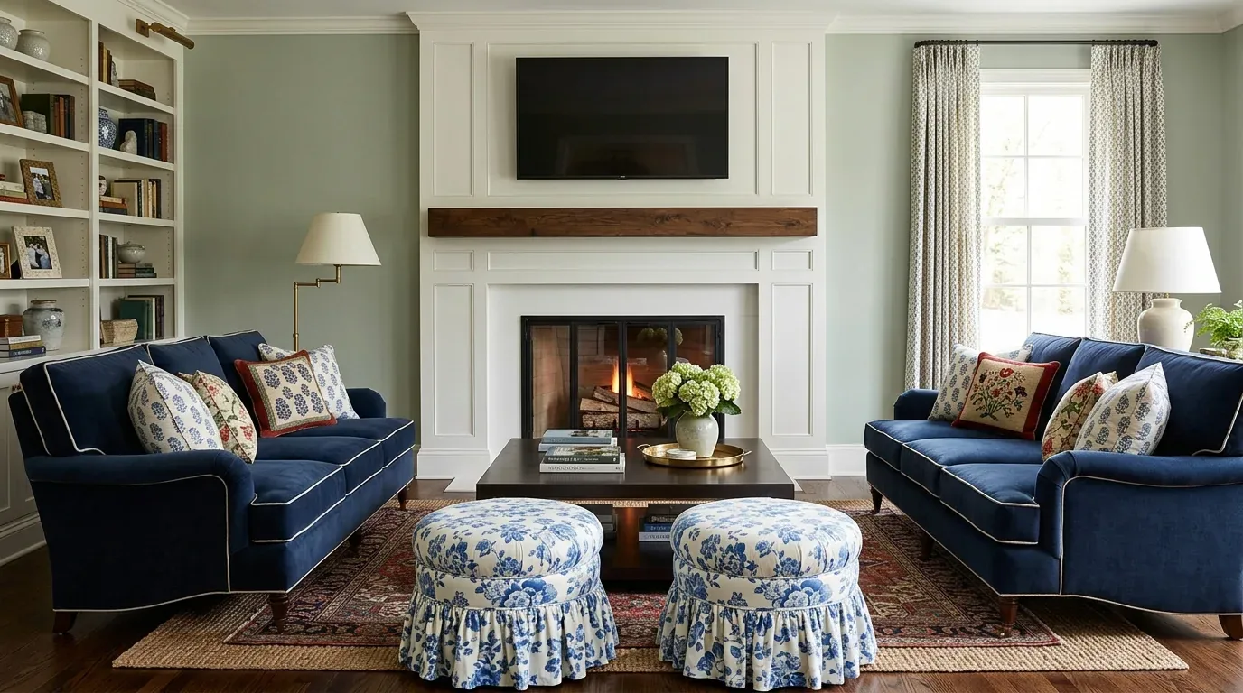 A cozy living room with two navy blue sofas, floral patterned ottomans, a fireplace with a mounted TV, and built-in bookshelves