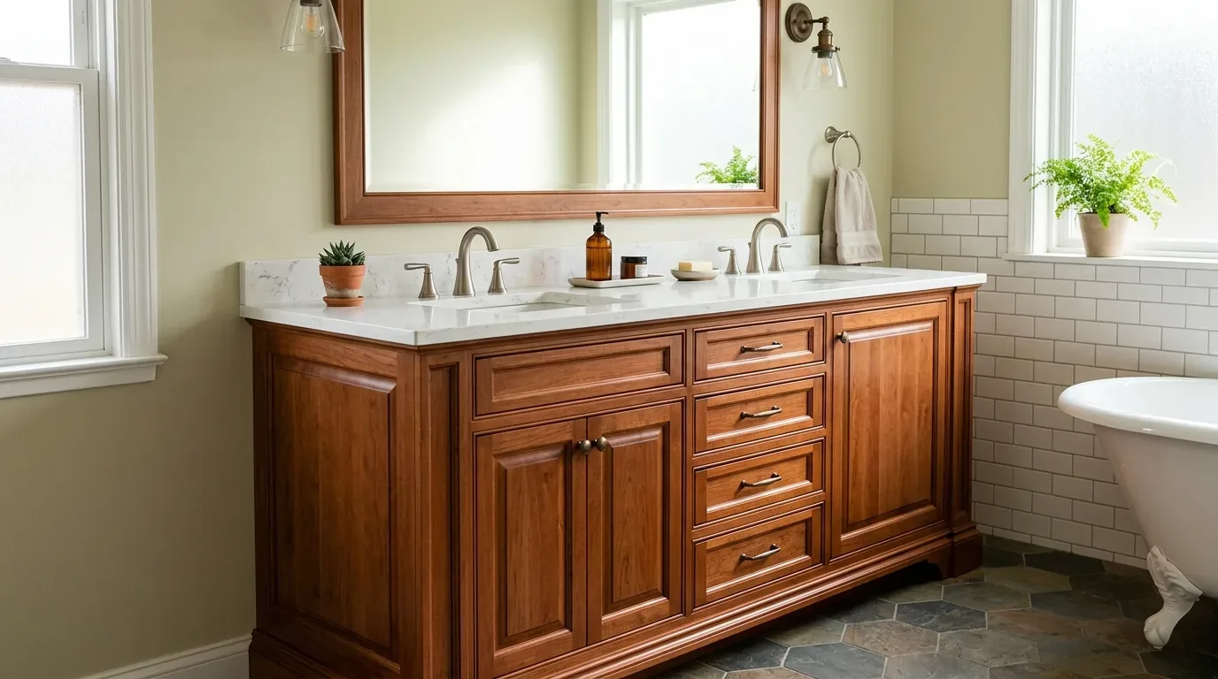 A bathroom featuring a wooden double vanity with marble countertop, two sinks, a large mirror, and a clawfoot bathtub near a window
