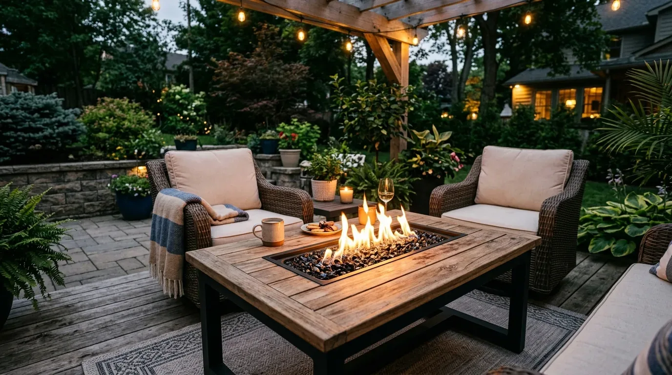 An outdoor patio seating area with cushioned wicker chairs around a wooden fire pit table, surrounded by plants and string lights
