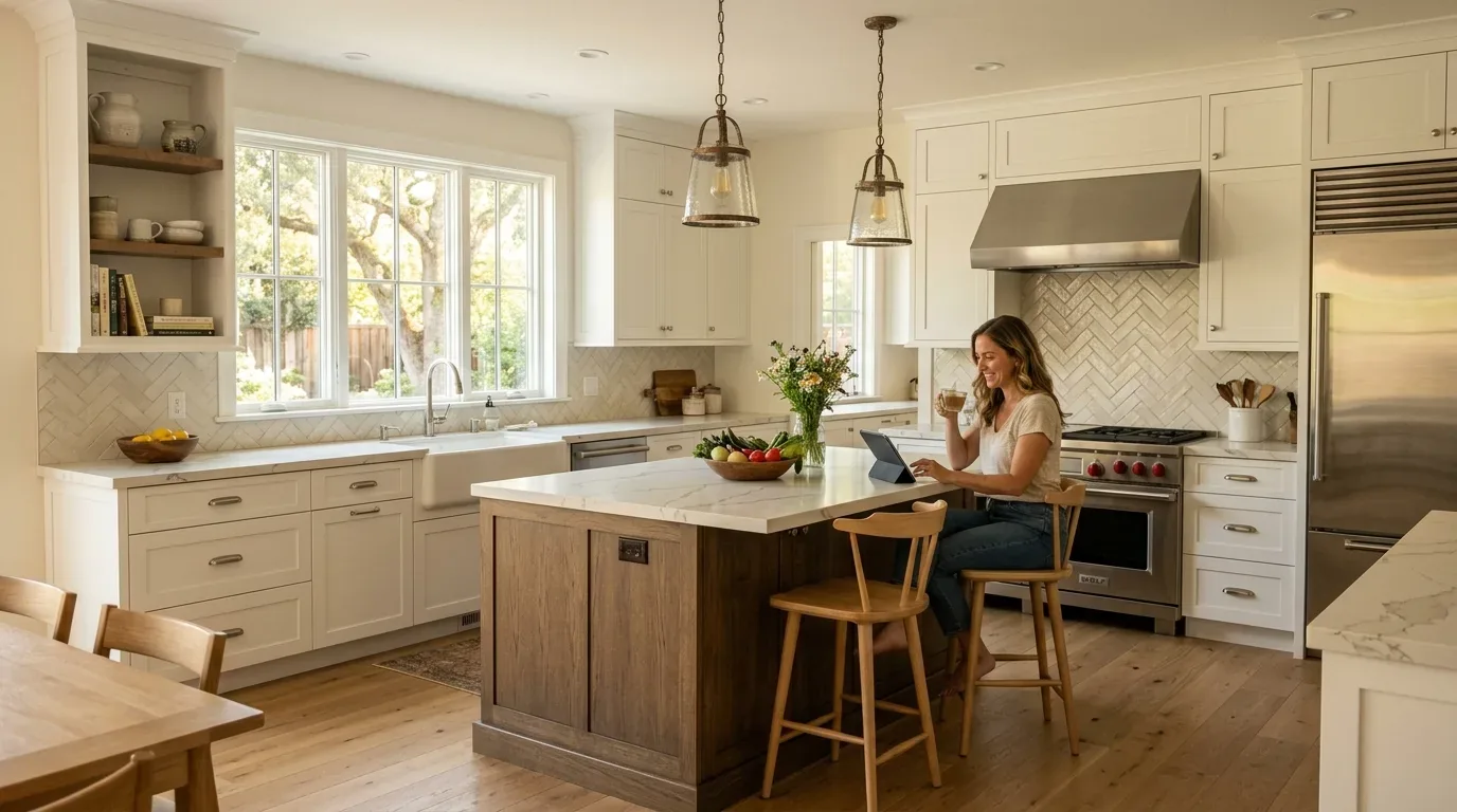 A bright modern kitchen with white cabinetry, a large island with marble countertop, wooden stools, and a woman sitting at the island using a tablet and