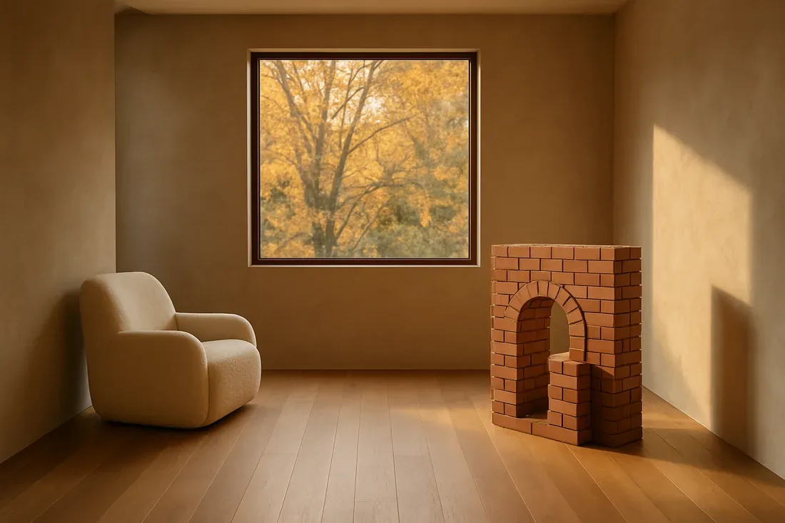 A minimalist room with a beige armchair, a brick arch structure, and a window showing autumn trees