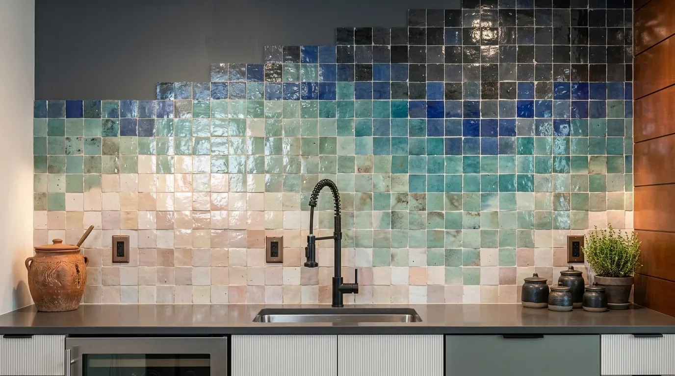 A modern kitchen sink area with a gradient blue and green tiled backsplash, black faucet, and decorative pottery on the countertop