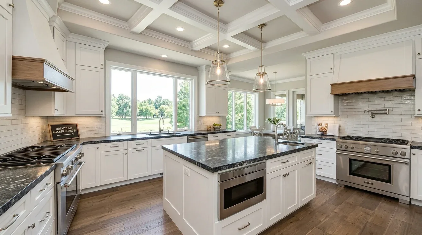 A modern kitchen with wooden cabinets, organized pantry shelves, and a woman reaching for spices in a cabinet