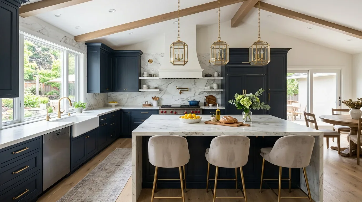 A modern kitchen with dark blue cabinetry, marble countertops, gold fixtures, and a large island with seating