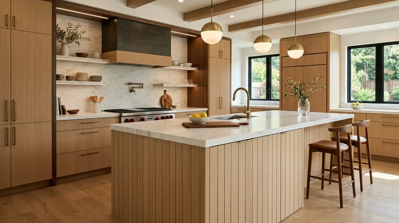 A modern kitchen with light wood cabinetry, a large marble island, brass fixtures, and pendant lighting