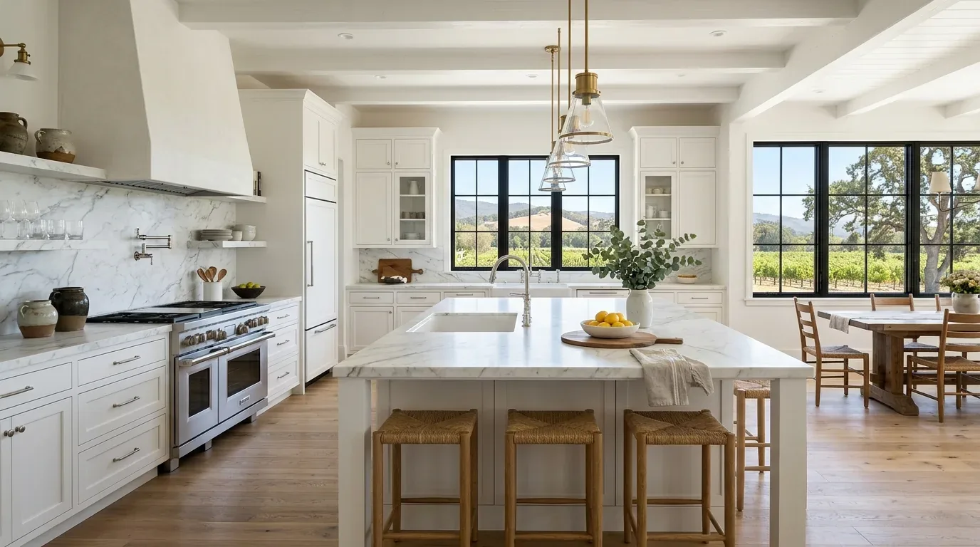 A bright, spacious kitchen with white cabinetry, marble countertops, a large island with stools, and a dining area with wooden chairs and large windows