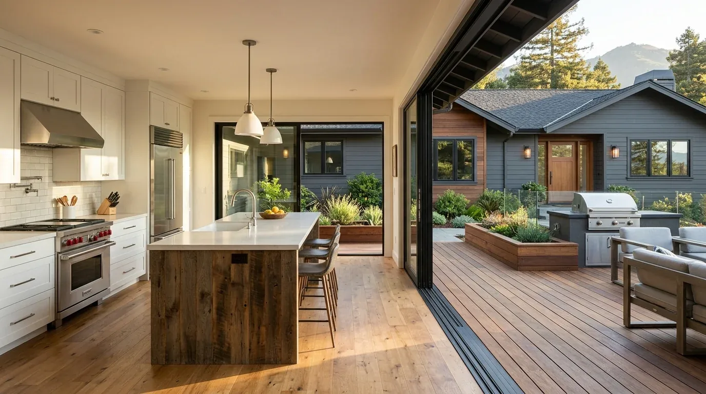A modern kitchen with a large island opens to an outdoor deck with seating and a grill, surrounded by greenery