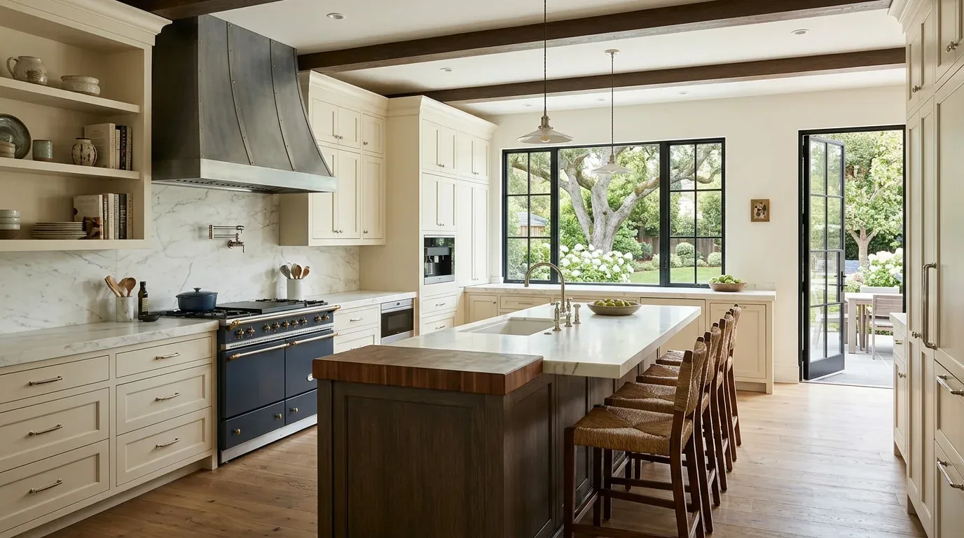 A spacious kitchen with cream cabinetry, a large island with seating, a dark range hood, and large windows overlooking a garden
