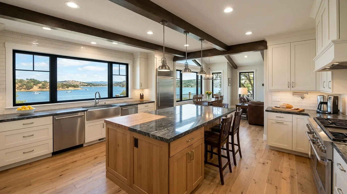 A modern kitchen with a large island, wooden beams on the ceiling, stainless steel appliances, and a large window overlooking a lake
