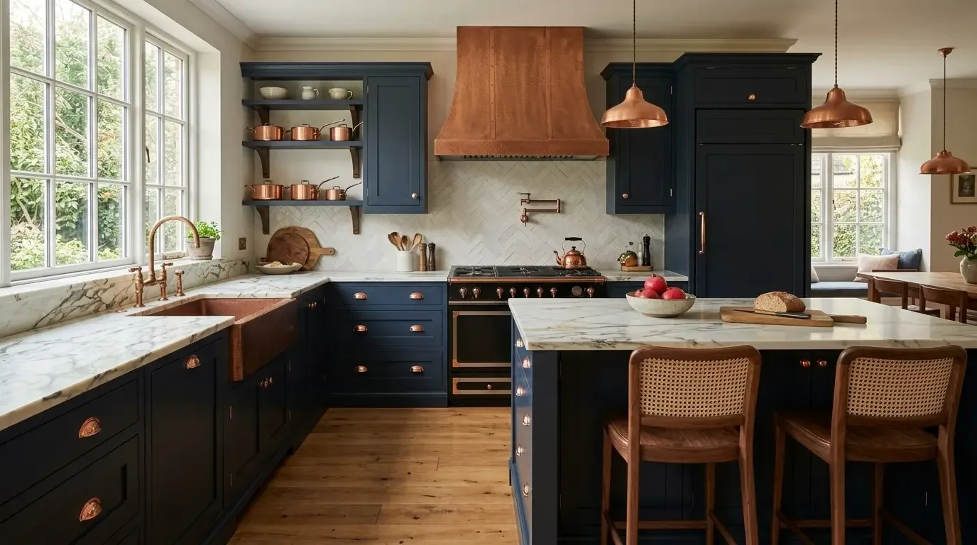 Think rustic. Big wooden island, dark cabinets, brass fixtures. Windows need views