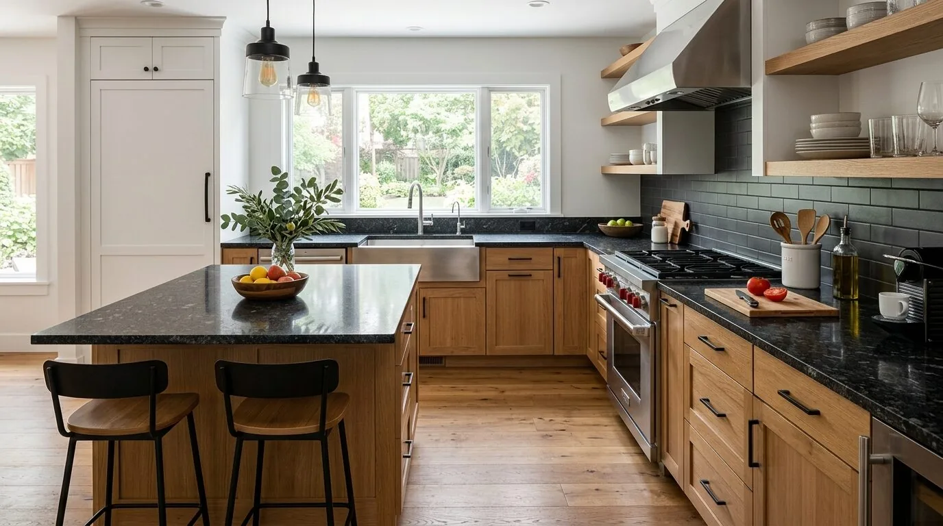 A modern kitchen with wooden cabinets, black countertops, a large island with seating, and a window overlooking a garden