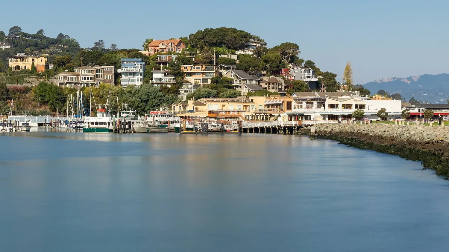 A waterfront view of a marina with boats docked and hillside houses in the background under a clear sky