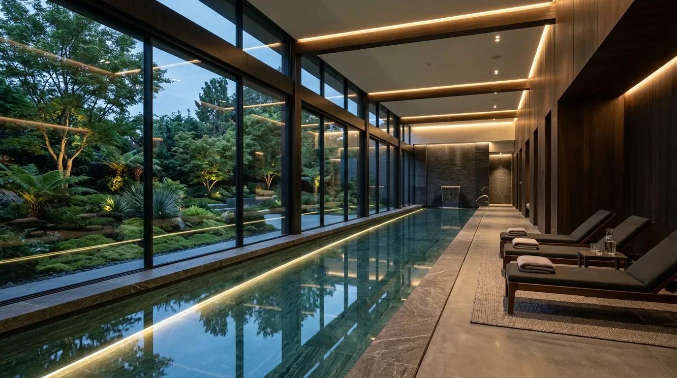A modern indoor pool area with large floor-to-ceiling windows overlooking a lush garden, featuring lounge chairs and ambient lighting