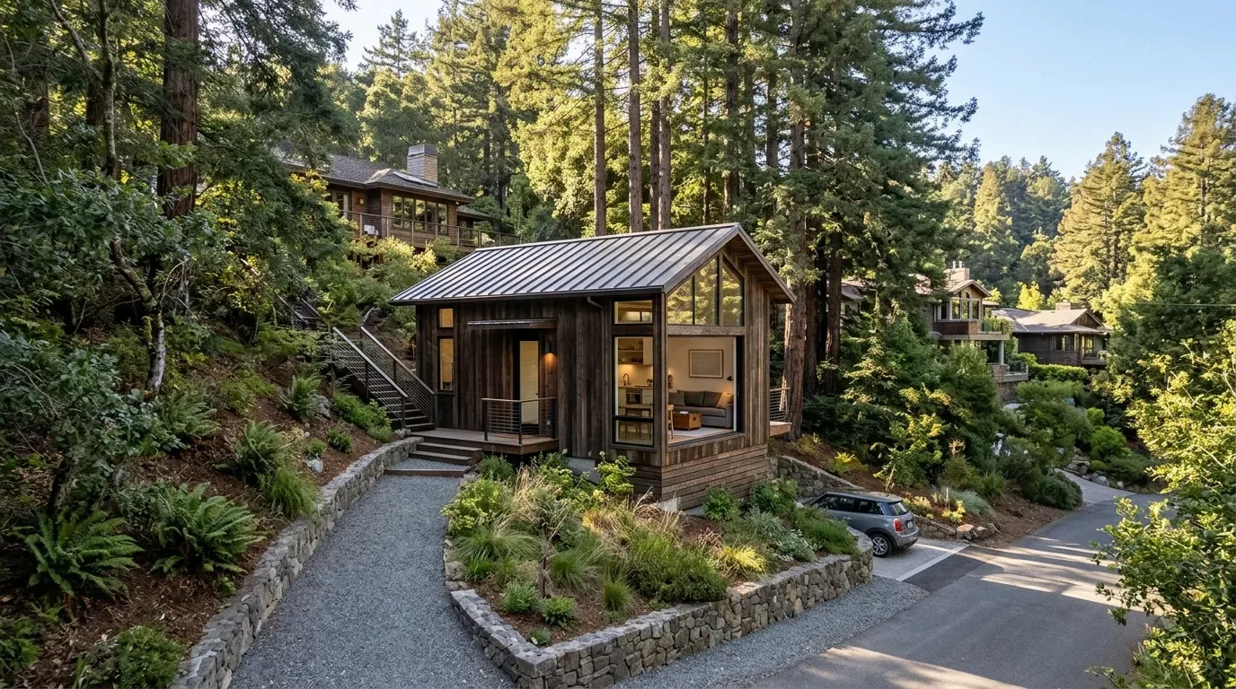 A small modern cabin with large windows surrounded by trees and greenery on a hillside with a gravel path and stone retaining walls