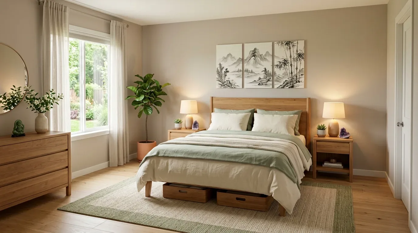 A neatly arranged bedroom with a wooden bed, matching nightstands, a dresser, a large window with curtains, and decorative plants
