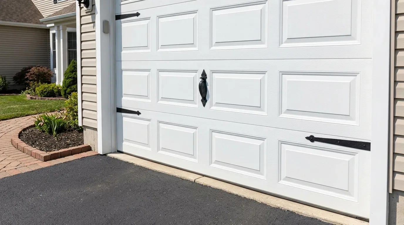 A white paneled garage door with black decorative hardware on a suburban house exterior