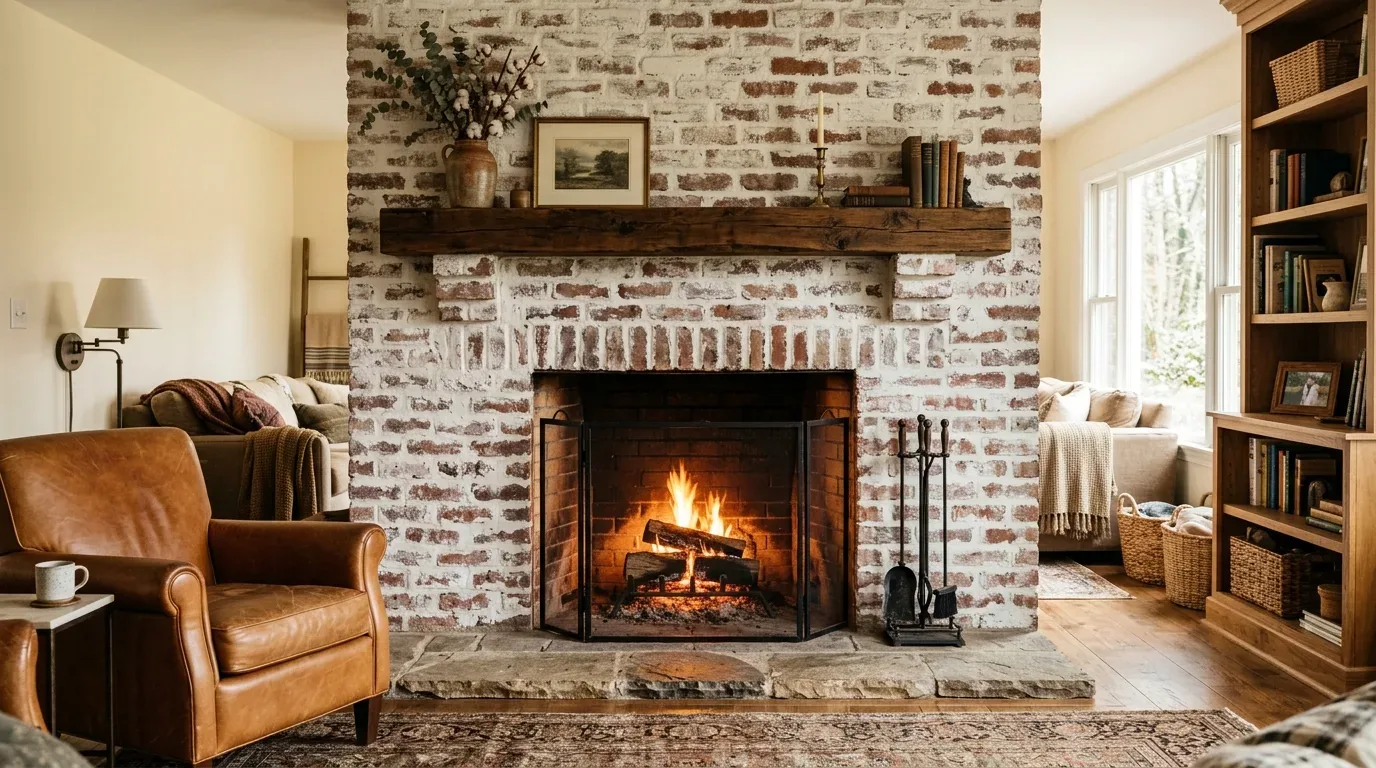 A cozy living room with a whitewashed brick fireplace, leather armchair, wooden bookshelf, and large windows letting in natural light