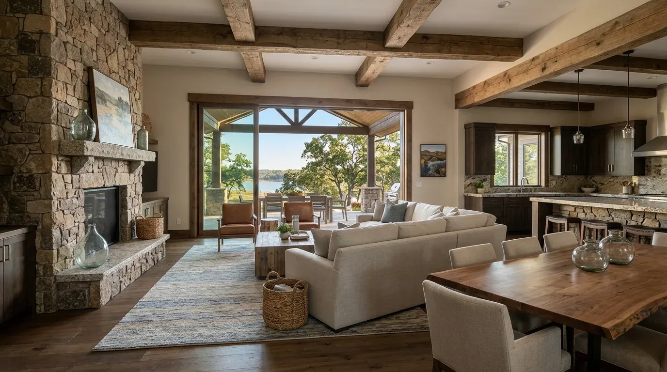 A spacious open-concept living room and kitchen with rustic stone fireplace, wooden beams, and large windows overlooking a scenic outdoor area with trees and