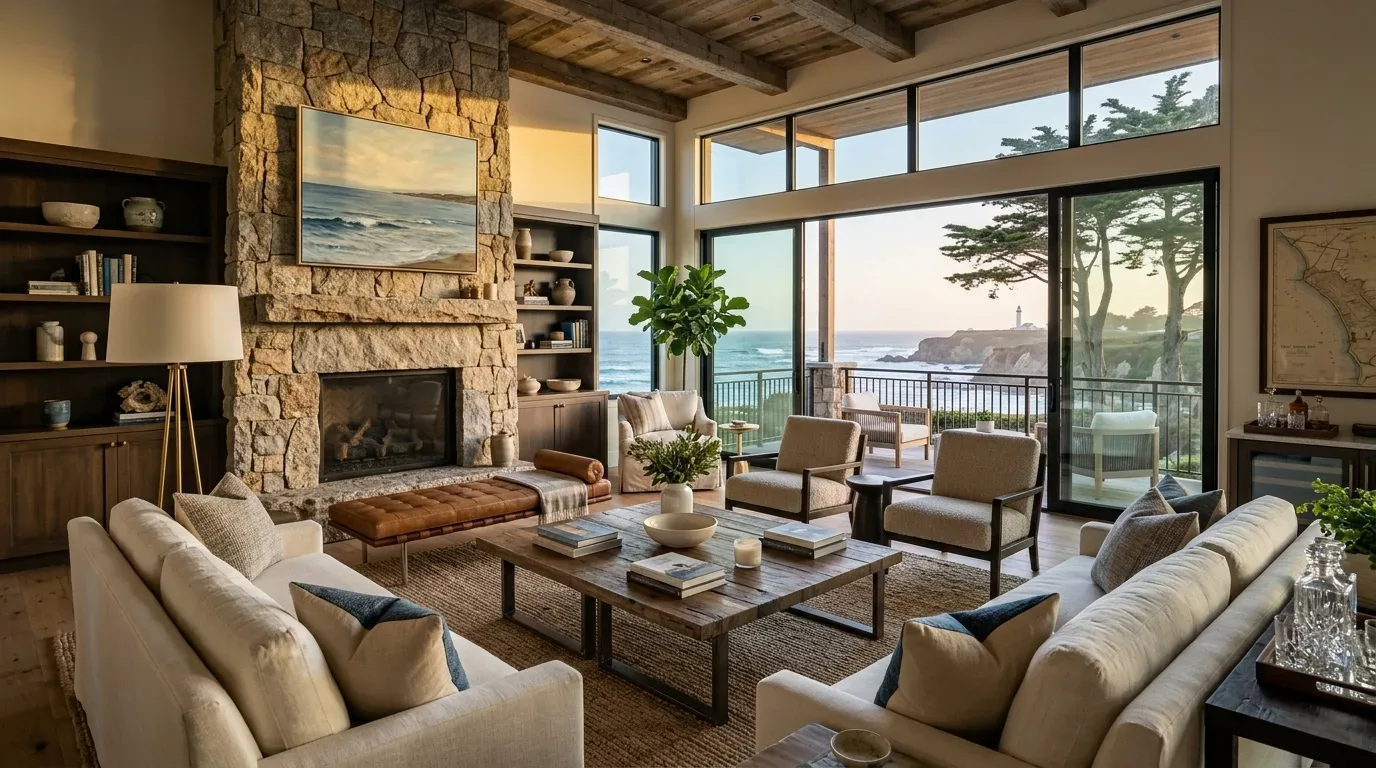 A spacious living room with large windows overlooking a coastal view, featuring a stone fireplace, wooden beams, and neutral-toned furniture