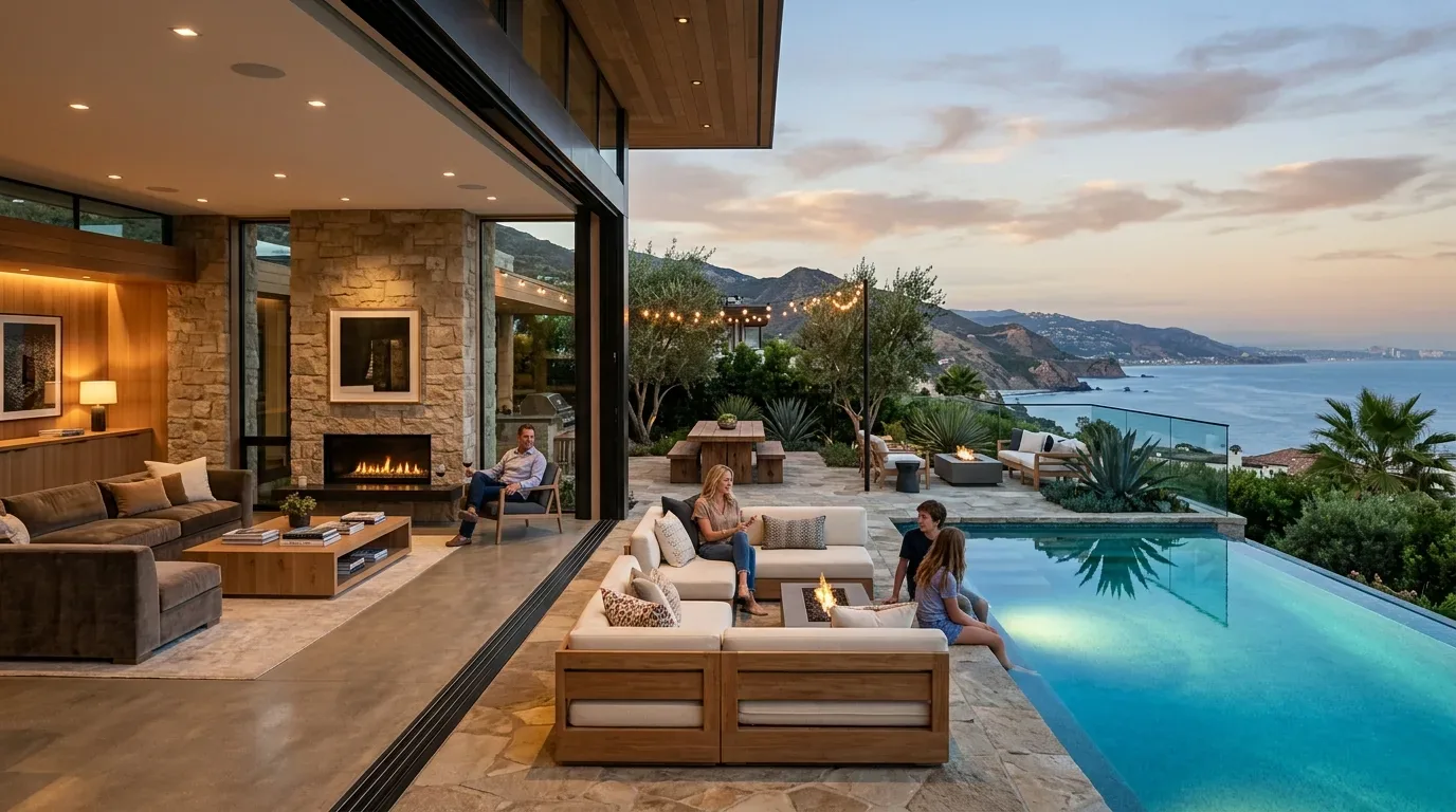 A modern living room seamlessly opens to an outdoor patio with a pool and seating area overlooking a coastal mountain view at sunset